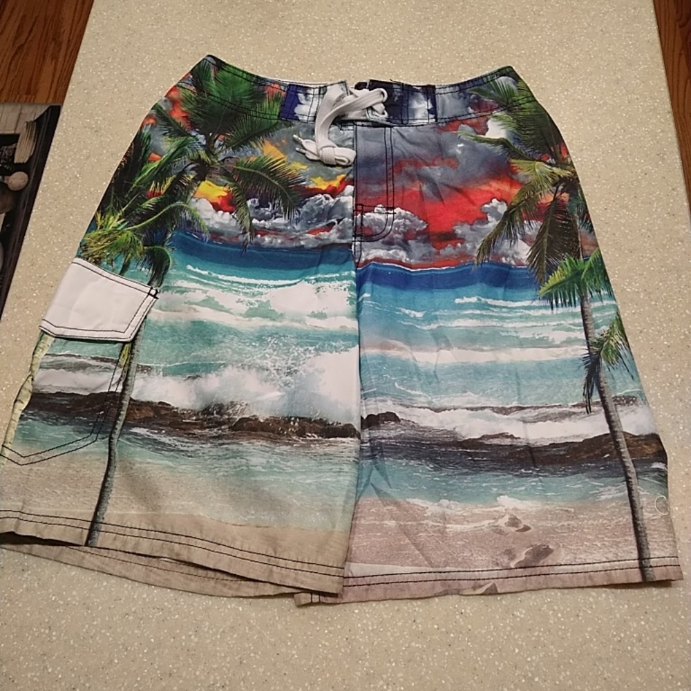 Op Ocean Pacific Mens Size 30 10" Board Shorts Tropical Sunset Design 1 Pocket